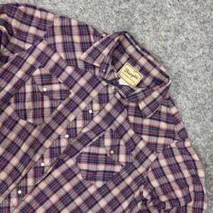 *FLAWS Wrangler Mens Size XL Orange Blue Western Pearl Snap‎ Plaid Long Sleeve